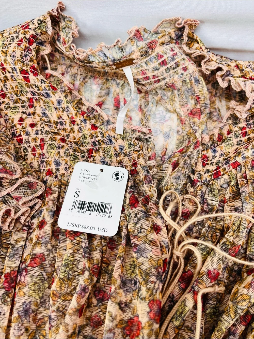 Free People Mustard Yellow Floral Ruffle Smocked Peasant Blouse